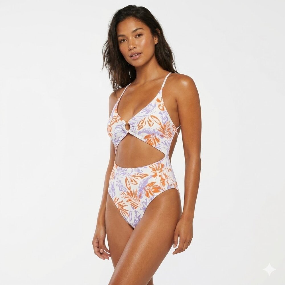 Lucky Brand Womens Cutout One Piece Swimsuit White Orange Purple Leaves Sz L New